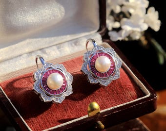 Stunning Silver-tone Sleeper Earrings, Large Art Deco Floral Design, Set with Red Ruby CZ Beads, Genuine Baguette Pearl, Vintage Style, Wedding Gift