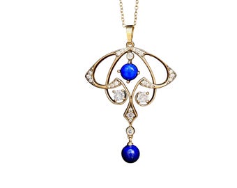 Stunning Art Nouveau Matte Aged Gold Short Necklace Genuine Blue Lapis Lazuli Pearl Vintage Style Gold Plated