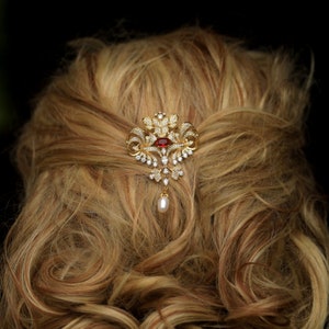 Belle Epoque Victorian Hair Pin Comb Lace Bow Set with Ruby Red CZ Real Pearl Wedding Vintage Style Gold Plated