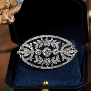 Stunning Antique Silver Plated Belle Epoque Brooch & Pendant Oval Laurel Leaf Set with White CZ 1900s Vintage Style Rhodium Plated