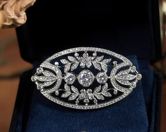 Excelente broche y collar Belle Epoque, conjunto de laurel ovalado de plata antigua con circonita blanca, estilo vintage de los años 1900, chapado en rodio