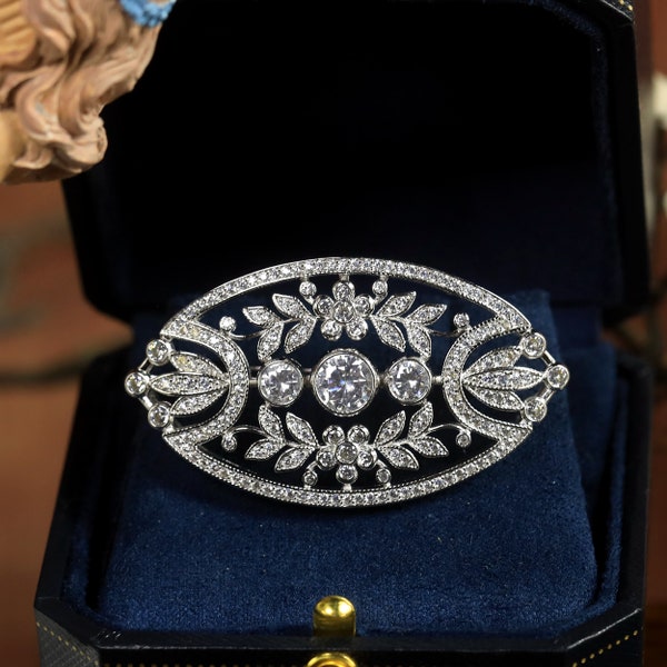 Superb Brooch & Necklace Belle Epoque Antique Silver Oval Laurel Set with White CZ 1900s Vintage Style Rhodium Plated