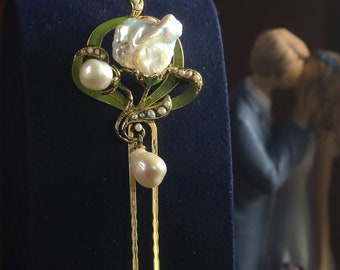 Pettine lungo a forcina Art Nouveau Ramo di fiore Foglia Smalto Verde Perla coltivata Barocco Bianco Matrimonio Stile vintage Placcato in oro