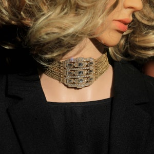 Rare Antique Gold Art Deco Choker Necklace Large Great Gatsby 1920s Rhinestone Baguette Vintage Style Wedding Great Gatsby