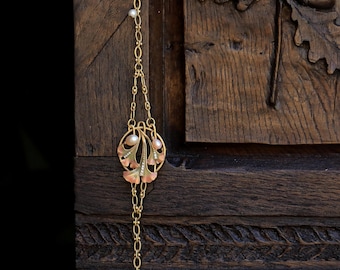 Adjustable Bracelet Art Nouveau Antique Gold Chain Enamel Ginkgo Leaf Cultured Pearl Rose Wedding Vintage Style 1900s Gold Plated