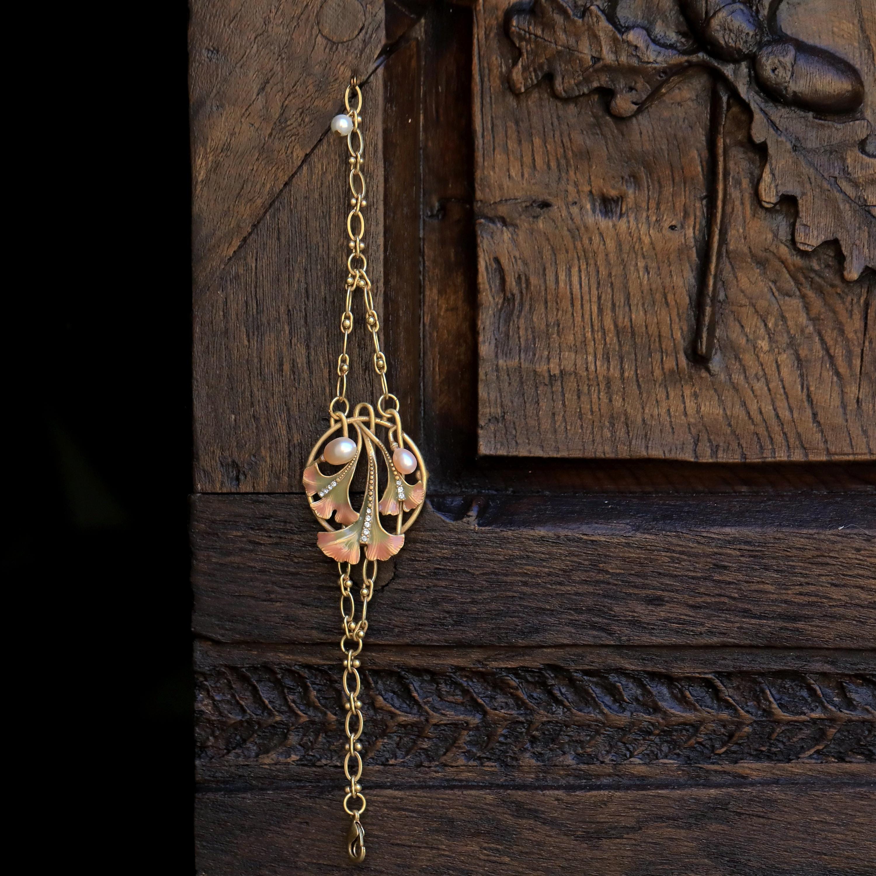 Bracelet Art Nouveau Réglable Feuille Ginkgo Perle Rose Vintage Style Bracelet Art Nouveau Réglable Feuille Ginkgo Perle Rose Vintage Style