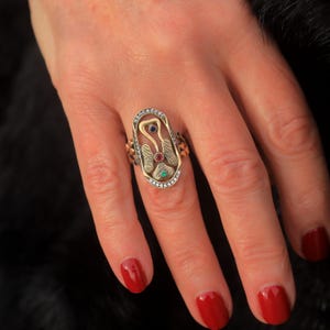 Stunning Antique Gold Art Nouveau Adjustable Clover Flower Ring Set with Multi-Colored CZ Green Blue Red Gold Plated 1900s Wedding