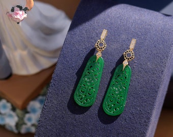 Magníficos pendientes hexagonales con circonita cúbica chapada en oro negro, gota de jade verde tallado floral estilo Belle Epoque SB2