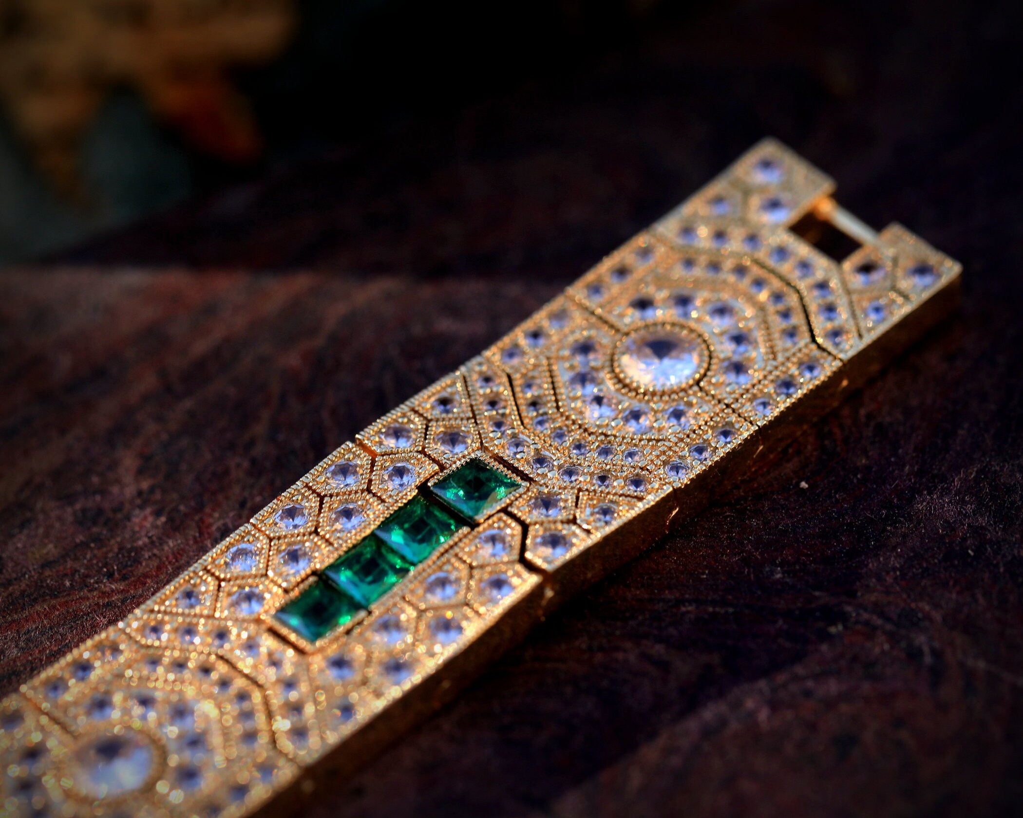 Belle Epoque Art Deco Geometric CZ Delicate Emerald Green Blue