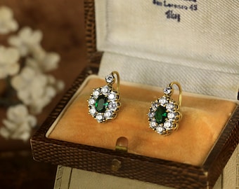 Belle Epoque Dormeuses Earrings Vermeil Sterling Silver 925 Oval Floral Set CZ Emerald Green Vintage Style 1900s Lightweight Wedding