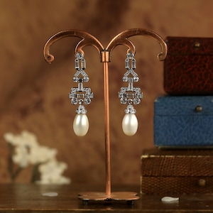 Art Deco Stud Earrings Clip on Non Pierced Geometric Setting White CZ Beautiful Cultured Pearl Vintage 1920s Style Wedding Rhodium Plated