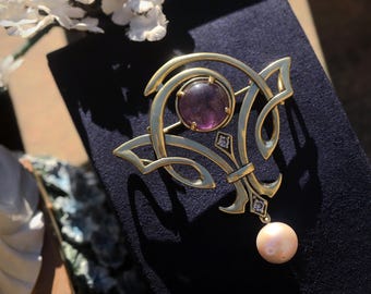 Stunning Antique Gold Matte Art Nouveau Necklace & Brooch Set White CZ Real White Pearl Half Pearl Purple Amethyst Vintage Style Gold Plated