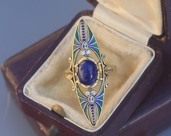Anel longo ajustável soberbo, dourado fosco, envelhecido, inseto, libélula, conjunto, zircônia cúbica, lápis-lazúli, oval, azul, verde, esmalte, vintage, estilo Art Nouveau, inspirado