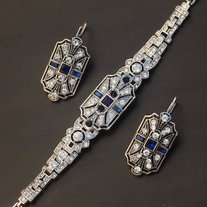 Parure Bracelet Boucles d'Oreilles Dormeuse Argenté Antique Art Déco 1920s Géométrique Strass Bleu Marine Mariage Vintage Style Great Gatsby image 1