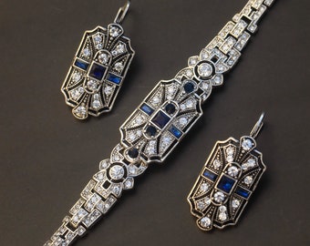 Set di braccialetti con orecchini dormienti in argento antico Art Deco degli anni '20 con strass geometrici blu navy matrimonio vintage in stile Grande Gatsby