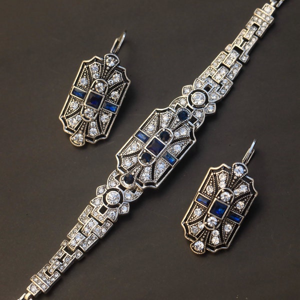 Parure Bracelet Boucles d'Oreilles Dormeuse Argenté Antique Art Déco 1920s Géométrique Strass Bleu Marine Mariage Vintage Style Great Gatsby