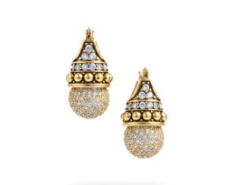 Stunning Art Deco Boat Earrings in Gold with Pearls Set with CZ Pave, Tribal Vintage Style, 1920s Wedding
