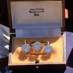 Antique Gold Matte Small Flower Adjustable Ring Sleeper Earrings Set White CZ Victorian Edwardian Vintage Style Gold Plated