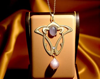 Stunning Antique Gold Matte Art Nouveau Tree Branch Necklace Set with CZ Oval Rose Quartz Real White Baroque Pearl Vintage Style Gold Plated
