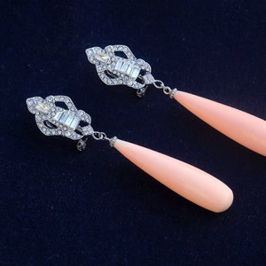 Magníficos pendientes Dormeuse CLIP en encaje plateado NO perforado Gran Gatsby Drop Long Coral rosa pálido 1920s Vintage Old Style imagen 6