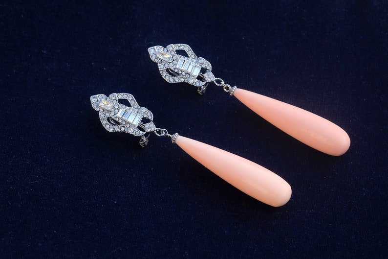 Magníficos pendientes durmientes CLIP en encaje plateado NO perforado Gran Gatsby Drop Long Coral Pale Pink 1920s Vintage Old Style imagen 6