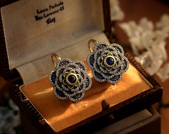 Belle Époque Sleeper Earrings Gold Silver Large Flower Set with CZ Green Emerald Blue Sapphire Vintage Style 1920s Wedding