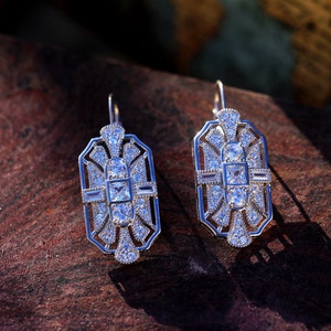 Geometric Octagon Sterling Silver 925 Rodium Plated CZ Setting Belle Epoque Art Deco Style 1920s Sleeper Earrings