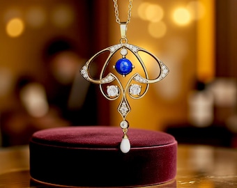 Superb Short Necklace Pendant Antique Gold Matte Art Nouveau Genuine Lapis Lazuli Blue Real Cultured Pearl White Vintage Style Gold Plated