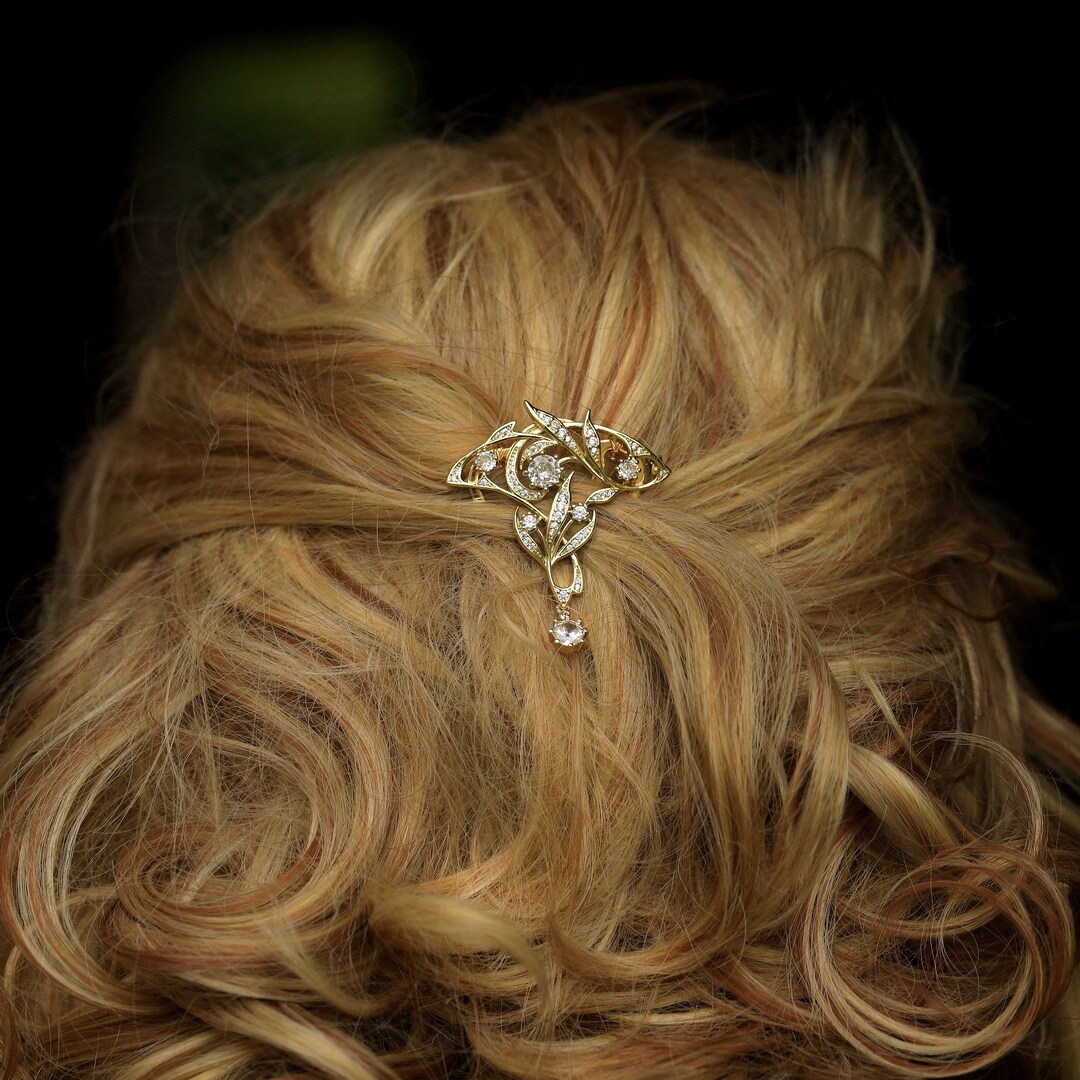 Peigne à Chignon Argenté Floral Avec CZ Vert - Style Victorien Belle Epoque - Nouveau