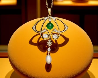Superb Short Necklace Pendant Antique Gold Matte Art Nouveau Genuine Green Agate White Cultured Pearl Drop Vintage Style Gold Plated
