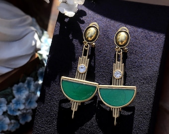 Superb Antique Gold Matte Sleeper Clip on Non Pierced Earrings Art Deco Half Circle Moon Green Agate Vintage Style 1920s