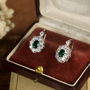 Stunning Art Deco Stud Earrings Sterling Silver 925 Oval Floral Set with Emerald Green CZ Vintage 1920s Style Wedding Lightweight