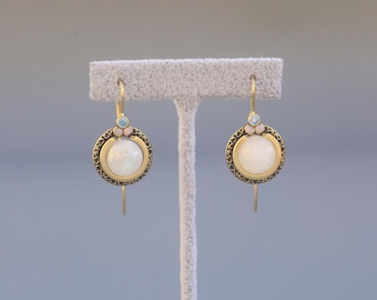 Stunning Edwardian Antique Gold Matte CZ Blue Pink Real Pearl Moonstone Vintage Style Sleeper Earrings