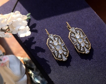 Geometric Octagon Sleeper Earrings Antiqued Vermeil Sterling Silver 925 Solid CZ Setting Art Deco Style 1920s Great Gatsby