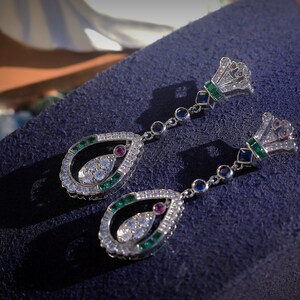 Boucles d'oreille Art Deco Clous Clip on Eventail CZ Multicolore Vert Bleu Ruby Goutte Vintage Style 1920 Mariage Great Gatsby Légère Rhodié image 5