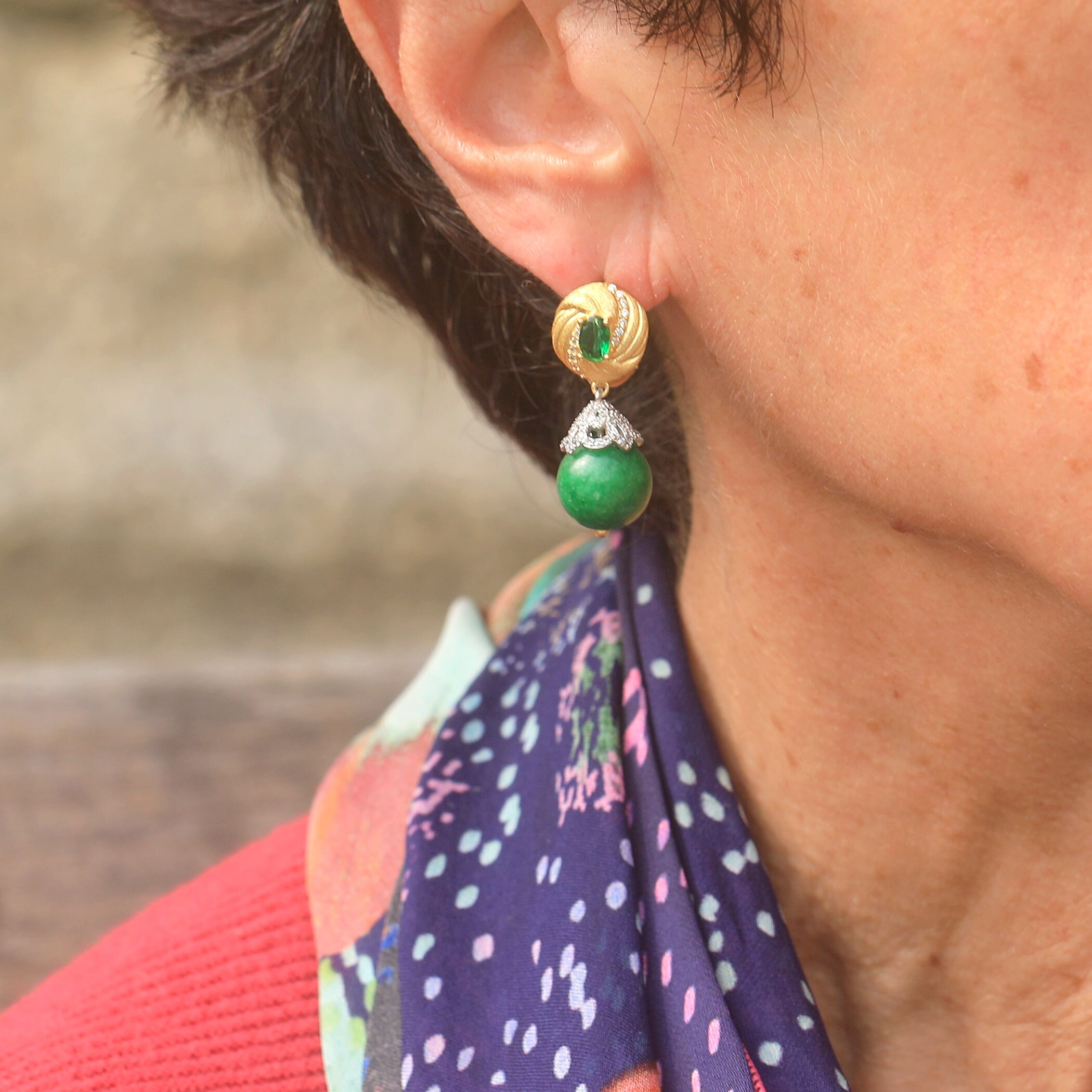 Boucles D'oreilles Dormeuses Vintage - Argent 925 Massif Et Pierre Verte - France - Occasion Très Bon état