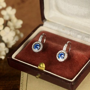 Stunning Art Deco 925 Sterling Silver Round CZ Setting Aquamarine Blue Brilliant Vintage 1920s Style Wedding Lightweight Earrings