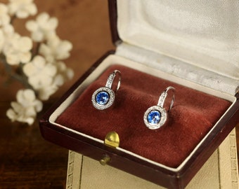Stunning Art Deco Dormeuses Earrings Sterling Silver 925 Round CZ Setting Shiny Aquamarine Blue Vintage Style 1920s Light Wedding