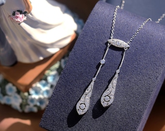 Stunning Belle Époque Lace Drop Pendant Necklace Set with White CZ Edwardian Victorian Vintage Style 1890s Wedding Bridal Rhodium Plated