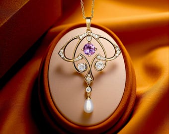 Superb Short Necklace Antique Gold Matte Art Nouveau Genuine Purple Amethyst White Baroque Pearl Vintage Style Gold Plated