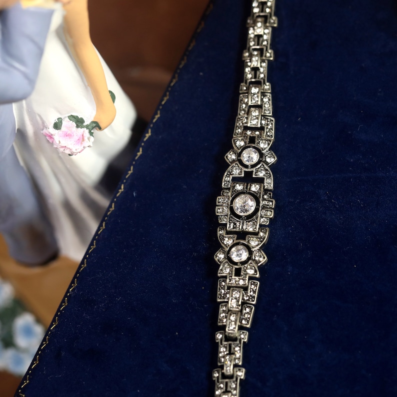 Diadema de diadema negro Art Déco diadema plata floral geométrico elástico cristal boda vintage estilo años 20 Gran Gatsby imagen 4