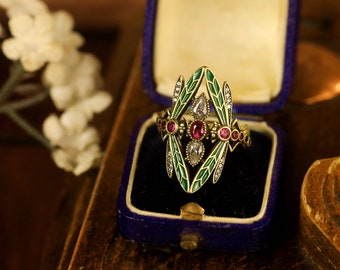 Magnífico Art Nouveau oro antiguo ajustable libélula insecto anillo conjunto CZ verde esmeralda rojo rubí vermeil chapado en oro estilo vintage 1900s