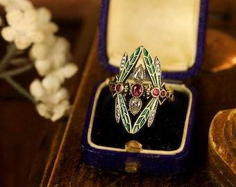 Superb Antique Gold Art Nouveau Adjustable Ring featuring an Insect Dragonfly, set with Green Emerald, Red Ruby CZ stones, and Gold Plated Brass, Vintage 1900s Style