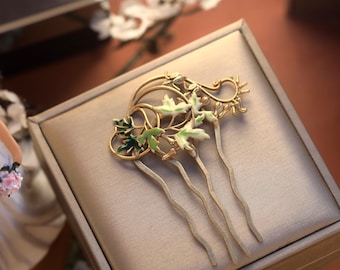 Art Nouveau Hairpin Comb, Leaf Branch, Green Enamel, Vintage Wedding Style, Antique Gold Plated
