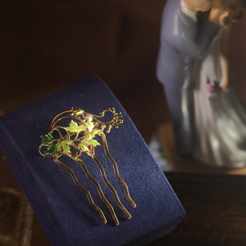 Peigne épingle à Cheveux Art Nouveau Branche de Feuille Email Vert Mariage Vintage Style Plaqué l'Or Antique image 4