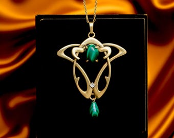 Stunning Antique Gold Matte Art Nouveau Tree Branch Necklace Set with CZ Real Green Malachite Oval Drop Vintage Style Gold Plated