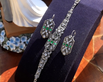 Antique Silver Art Deco 1920s Geometric Emerald Green Rhinestone Vintage Great Gatsby Style Bracelet Earrings Set
