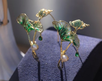 Stunning Large Gold Art Nouveau Flower Lotus Leaf Earrings in Enamel Set with Green Emerald CZ and Genuine White Pearl, Vintage Style