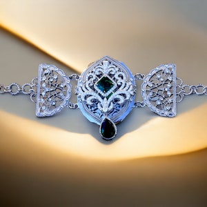 Superbe Bracelet Reglable Belle Epoque Argenté Large Dentelle CZ Vert Emeraude Mariage Vintage Style 1890s