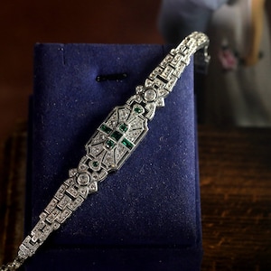 Schitterende Art Deco armband antiek zilver koper geometrische rechthoek bezet met smaragdgroene CZ vintage stijl jaren 1920 Great Gatsby gerhodineerd afbeelding 3